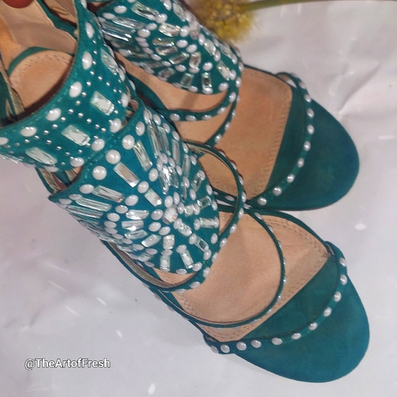 🔥🔥 OLIVIA FERGUSON, 4inch Green Rhinestone Gladiator zipper heels, size 9 - Picture 14 of 14